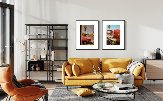 Classic Car Wall Art Set - 1960s Chevrolet Nova & Ford Mustang Pair - Muscle Car Poster for Living Room or Garage Decor