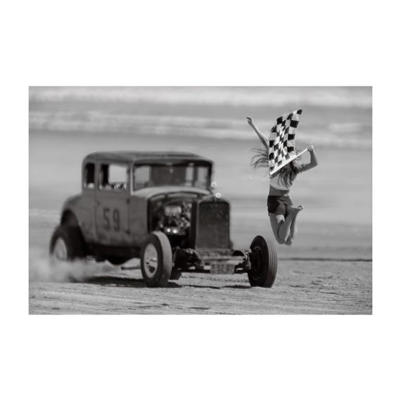 Fine Art Print - Vintage Hotrod Beach Drag Race Wall Art - TROG - Pin Up Flag Girl, Black and White, Monochrome Poster, Vintage Decor