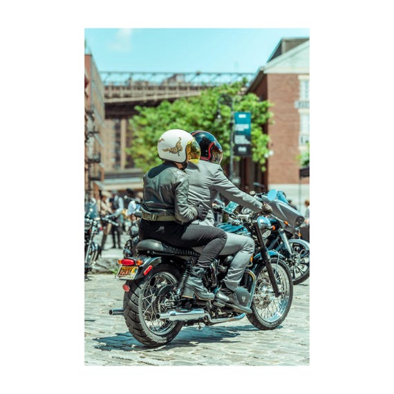Fine Art Print - Couple on Triumph Motorcycle in NYC | New York City Motorcycle Wall Art by Gil Stunner,  Brooklyn Bridge, Vintage Decor