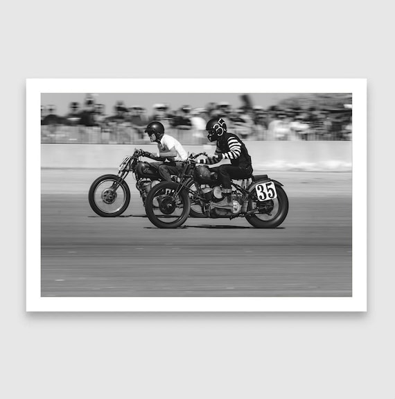 Fine Art Print - Side by Side Vintage Indian Motorcycle Race - Monochrome TROG  Black and White Beach Wall Decor - 35
