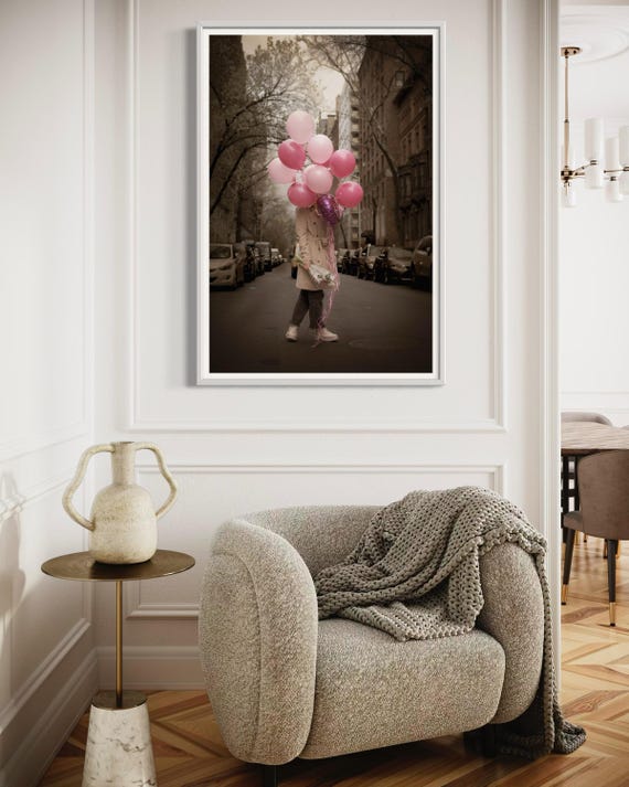 Fine Art Print - Romantic pink balloon in the city, pastel decor, urban love wall art, feminine modern home decor, New York City Art, NYC