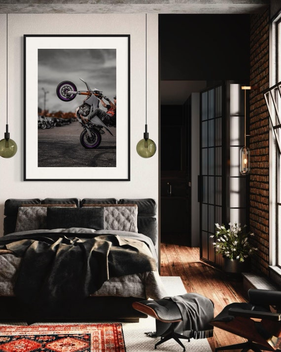 Fine Art Print - Motocross Stunt Fire Burnout Wall Art – Motorcycle Biker Decor, Colorful Energy, Minimalist,  garage, Bedroom Decor, Gift