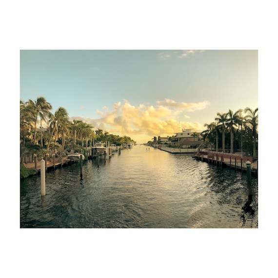 Fine Art Print - Golden hour tropical canal wall art, palm tree waterfront poster, coastal home decor, nautica, beach front, Florida Keys
