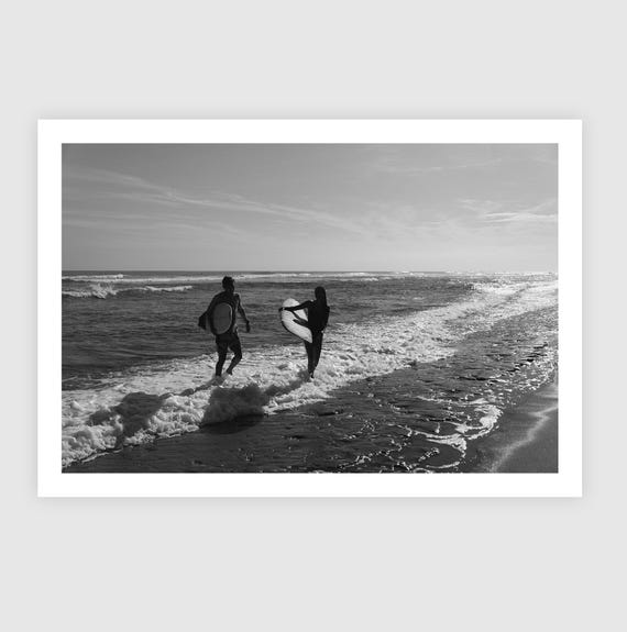 Fine Art Black and White Surf Beach Photography, Surfers on the Shoreline Art Print, Coastal Wall Decor for Ocean Lovers - California Miami