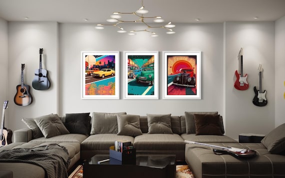 Set of 3 Retro Neon Car Poster - Colorful American Classic Muscle Car Print - Dynamic Wall Decor for Modern Home and Office Spaces Wall Art