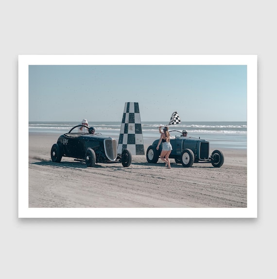 Fine Art Print - TROG Hot Rod Start Line Photo – Vintage Checkered Beach Race, Retro Car Wall Art, Classic Racing, Americana Garage Decor