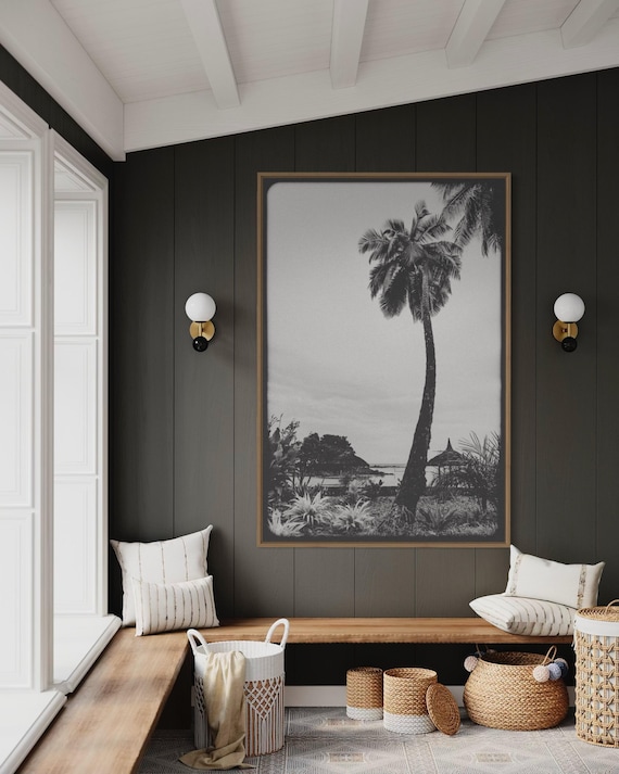 Fine Art Print -Black and white palm tree with vintage film grain Wall Art, tropical beach for minimalist coastal decor, giclee wall art