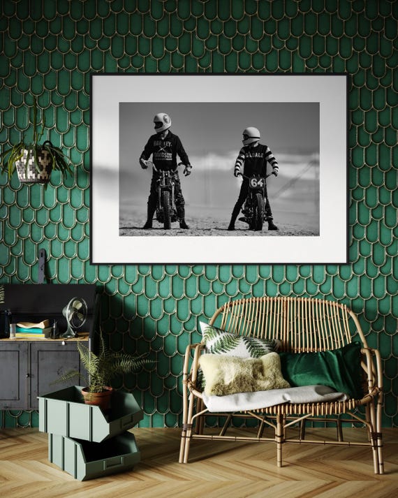Fine Art Print - Vintage Motorcycle Racers Wall Art, TROG Harley Davidson Beach Race Poster, Black  White Decor, Garage, Man Cave, Gift
