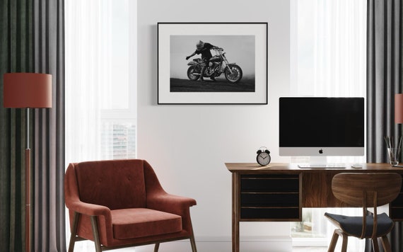 Black White Dyna Harley-Davidson Motorcycle Wall Art - Stunt Biker with Burnout Smoke - Bold Automotive Decor for Garage or Man Cave Poster