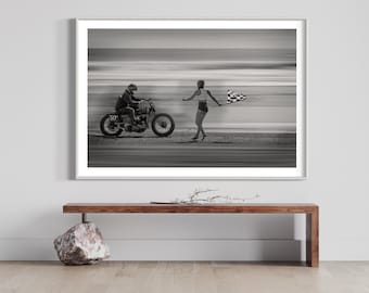 Monochrome Vintage Motorcycle Drag Race on Wildwood Beach - Classic Flag Girl Print - TROG Wall Art Decor Poster Balck White