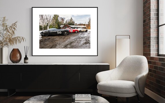 Fine Art Print - Vintage Ski Cabin, Porsche 356, Jaguar Wall Art , Vintage Racing Car Poster for Chalet Cabin Decor, Gift Ideas, Gil Stunner