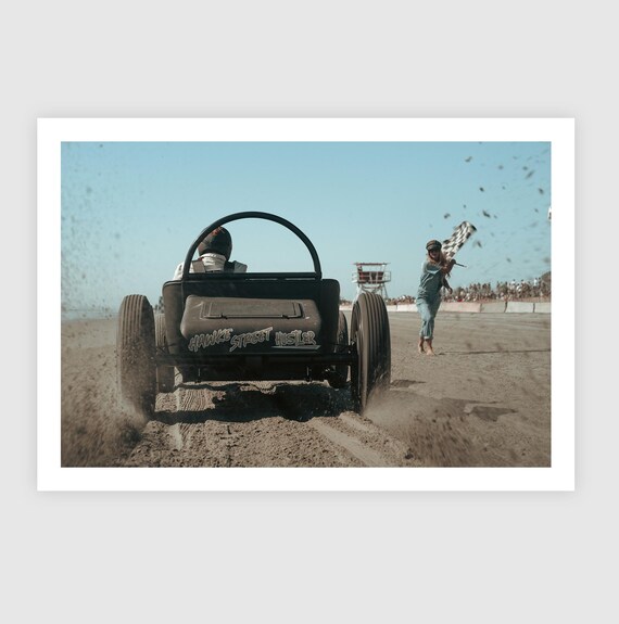 Fine Art Print -  TROG Vintage Hot Rod Racing start line, flag girl, garage decor, beach drag racing