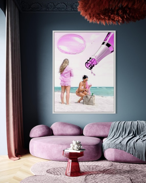 Fine Art Print - Champagne Beach Girl Problems - Champagne Print, Pink Wall Art, Cocktail Print, Bar Cart Decor, Pink Decor, Gil Stunner