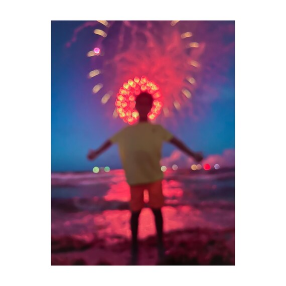 Fine Art Print - Colorful Fireworks Beach Art Print, Vibrant Night Sky Celebration Wall Art, Wall Decor, Art Deco, Boho, Gift Ideas Poster