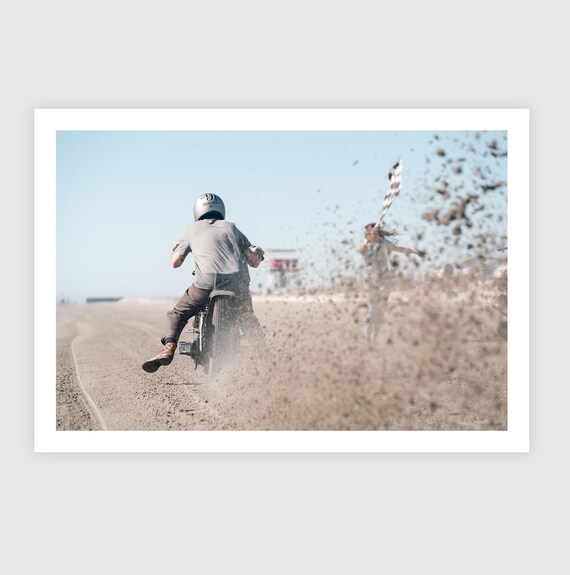 Fine Art Print - Motorcycle Racing at start line with Flag Girl + Beach Sand Splash, Coastal Decor, TROG, Office Garage Biker Wall Art, Gift