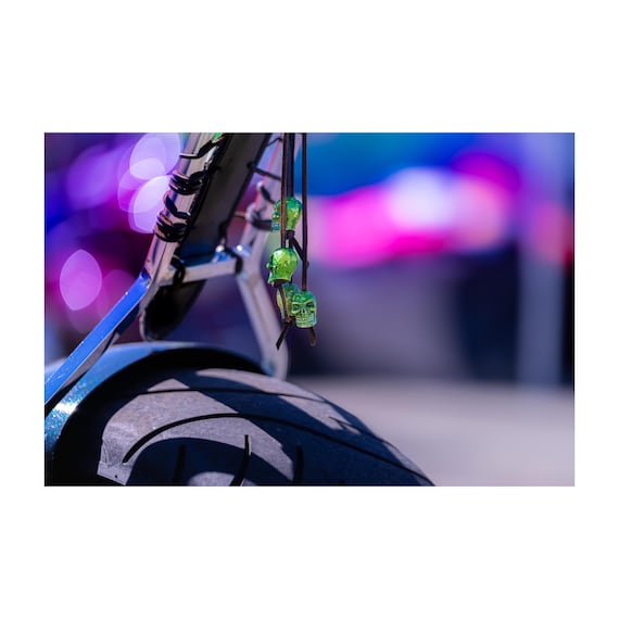 Neon Skull Motorcycle Art Print: Bokeh Biker Photography
