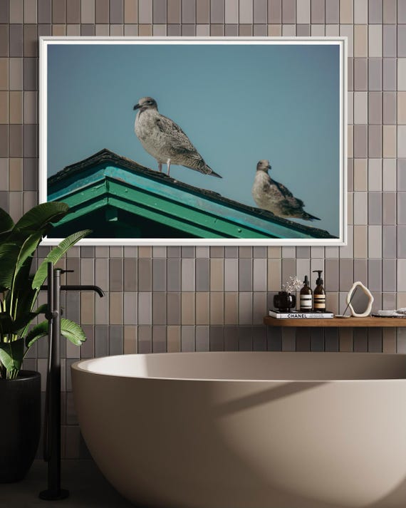 Fine Art Print - Seagulls on teal roof coastal wall art, beach house decor in soft pastel sky, serene ocean minimalism fine art for home