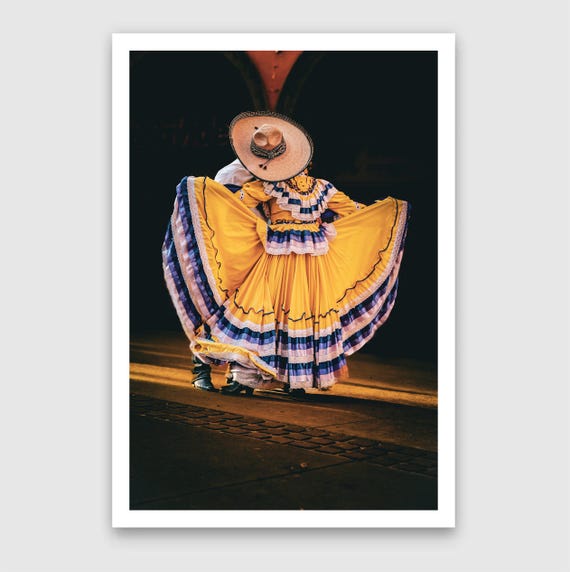 Fine Art Print - Vibrant Mexican Folklore Dance in Yellow Wall Art, Traditional Dress Dancer Print, Cultural Decor for Home or Office Poster