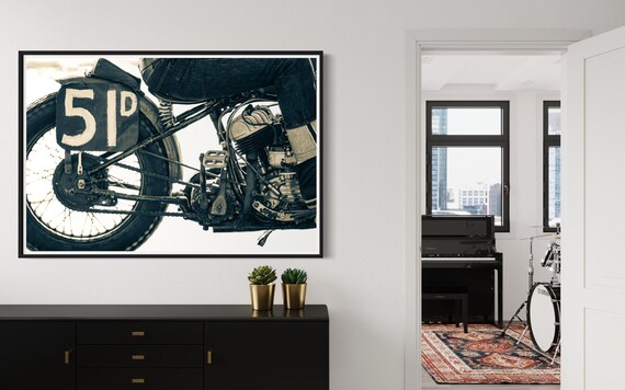 Fine Art print - Vintage motorcycle photograph, black and white wall art print, engine and wheel detail, decor for garage or office, gift