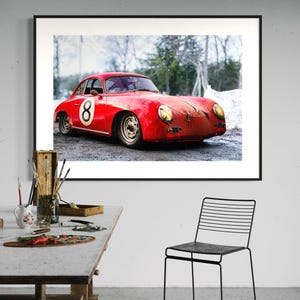 Stampa artistica - Porsche 356 rossa nella neve, decorazione da parete / stampa Porsche d'epoca nella neve, decorazione da baita, regali per lui, regalo unico per papà
