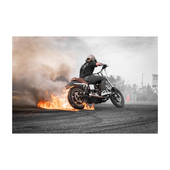 Fine Art Print - Motorcycle Stunt Fire Burnout Wall Art, Bold Harley Davidson Dyna Poster for Office, Garage, Workshop, Bar, Man Cave Decor