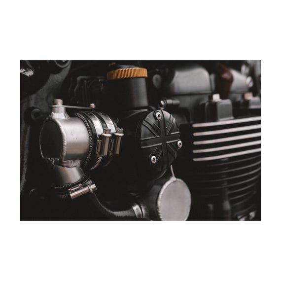 Triumph Motorcycle Engine Wall Art - Close-Up with Union Jack British Flag poster - Industrial British Design Photo for Garage or Man Cave