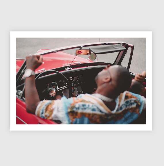 Vintage MG Midget Car Wall Art - Red Lips Rearview Mirror Print Automotive Decor - Perfect for Man Cave, Lounge, Airbnb, Gallery Wall