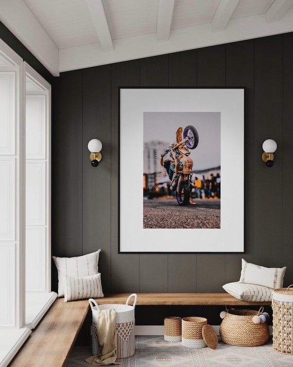 Fine Art Print - Purple Motocross Wall Art, Motorcycle Wheelie, Dirt Bike Print, Poster for Extreme Sports, Bedroom Decor, Gift Ideas