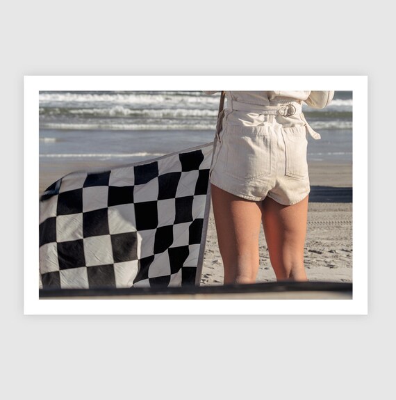 Fine Art Print - Flag Girl Vintage Beach Racing Photography from The Race of Gentlemen, TROG, Americana Wall Decor