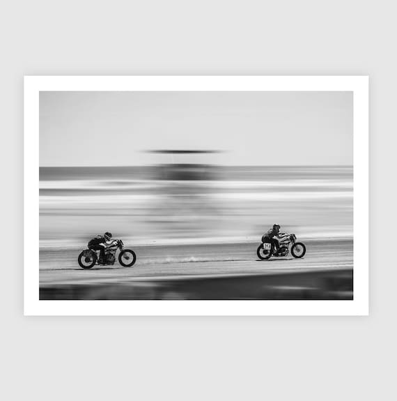 Fine Art Print - Motorcycle Beach Race on Beach Wall Art, TROG Vintage Black and White, Biker Decor, Adrenline Energy Biker Art