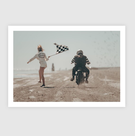 Fine Art Print - Harley Davidson Beach Race – Motorcycle Launch with Flag Girl at The Race of Gentlemen, Vintage Racing Wall Art