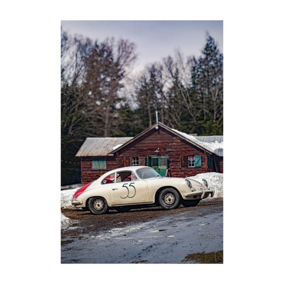 Fine Art Print - Porsche 356 by the Snow Cabin - Race Car Poster - Vintage Cabin Decor, Vacation house, housewarming gift, winter decor