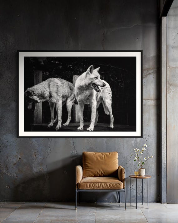 Fine Art Print - Black and White Wolf Duo Wall Art | Wildlife Print for Rustic Decor, Modern Lodge, Man Cave Room | Gil Stunner Art