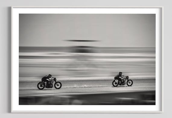 Motorcycles Drag Racing On Beach Wall Art - Harley Davidson Photo Poster Art Print - Black and White Retro Wall Art - Racing Poster Print
