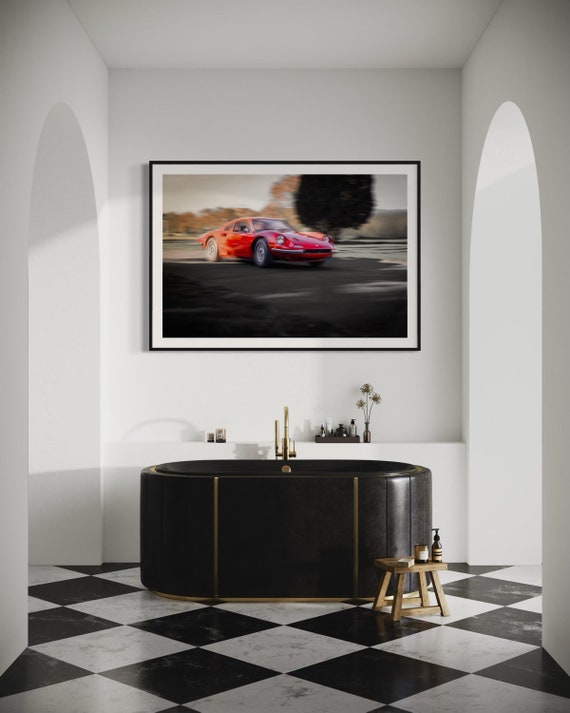 Fine Art print - Vintage Red Ferrari Dino in Motion - Classic Car Photography Print, Poster, Gift for him, Man Cave, Office, Garage Decor