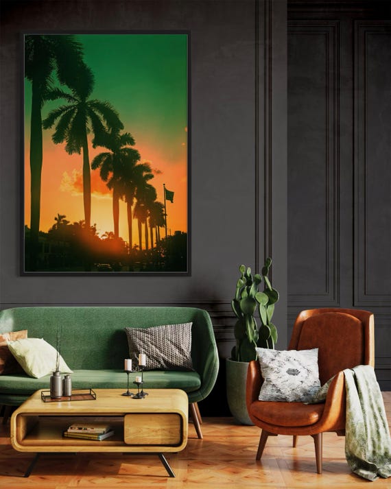 Fine Art Print - Sunset Palms Wall Art- Miami, South Beach, California Tropical Sunset Photo,Golden hour, Beach House Coastal Modern Decor