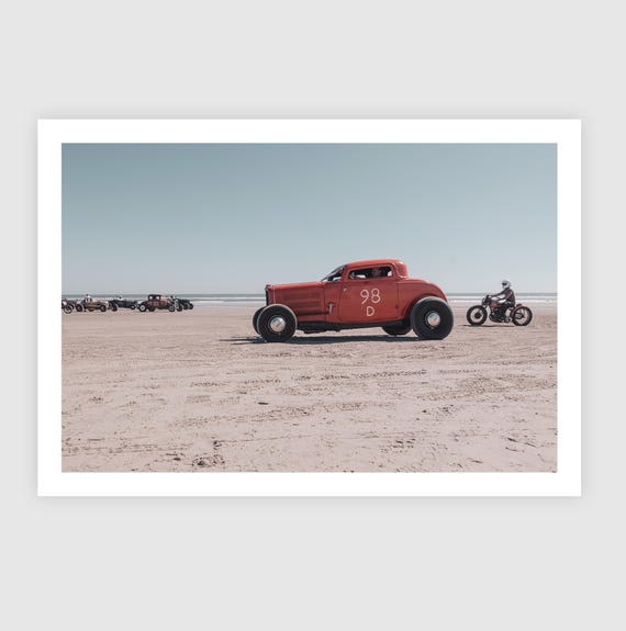 Fine Art Print -  Rolling Bones 98 Coupe Hot Rod & Motorcycle, TROG Vintage Beach Race Wall Art, Americana Decor, Man Cave, Office