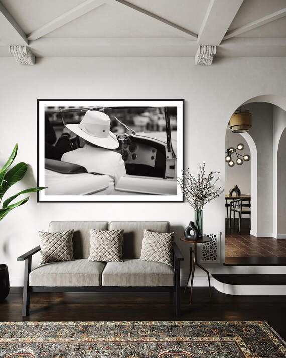 Fine Art Print - Black and White Lady in White Hat Vintage Car Photo Print, Wall Decor, Gil Stunner, Rustic, Minimalist Decor, Housewarming