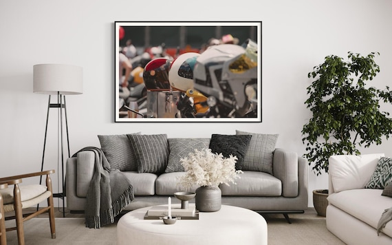 Fine Art Print - Motorcycle Wall Art Helmet Colorful Row | Cafe Racer Motorcycle Wall Art by Gil Stunner, Custom Bar Decor, Motorcycle Gift