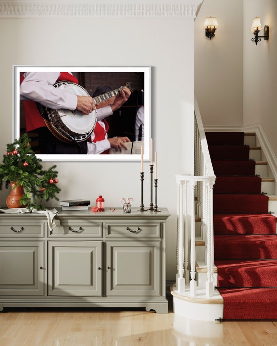 Personalized Festive Christmas Banjo Wall Art - Close-Up Holiday Joy with Red Vest Art Work Living Room Wall Decor - Cheer Photo Art Poster