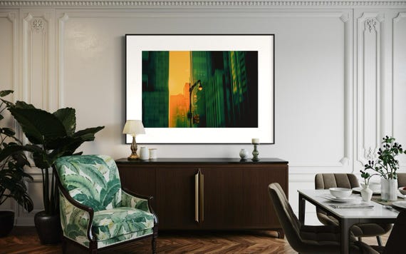 Fine Art print -  Green Urban Sunset New York City Street Wall Art -  City modern Decor, Minimalist Modern Decor for office, architecture
