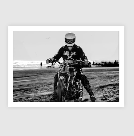 Fine Art Print - Harley-Davidson Motorcycle Racer – Vintage Motorcycle Wall Art, TROG Black and White Beach Photography, Americana