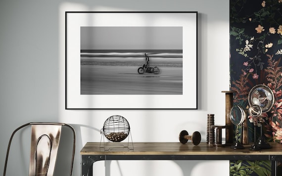 Fine Art Print - Vintage Motorcycle Racing Wall Art - Black and White Beach Photography Print for Wall Decor - Modern Retro Biker Wall Decor