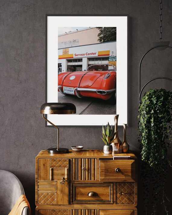 Chevrolet Corvette Wall Art - Classic Car Headlights Photography Print - Retro Blue Corvette Artwork for Garage, Office, or Living Room