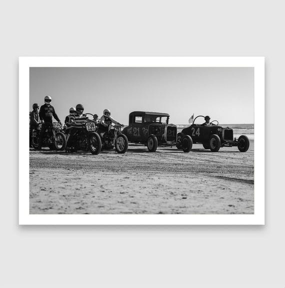 Fine Art Print - TROG Starting Line – Black and White Vintage Beach Race Hot Rod and Motorcycle Photo - Wall Decor