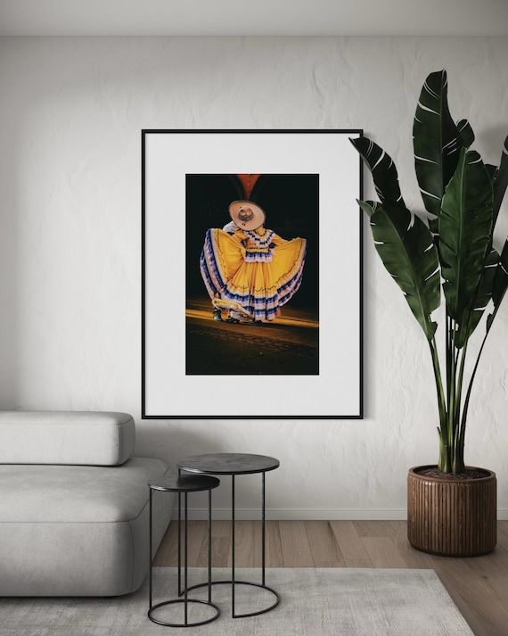 Fine Art Print - Vibrant Mexican Folklore Dance in Yellow Wall Art, Traditional Dress Dancer Print, Cultural Decor for Home or Office Poster