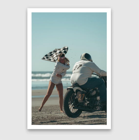 Fine Art Print - Vintage TROG Flag Girl and Biker at the start, Motorcycle garage poster, Harley Davidson, Cafe Racer, gift