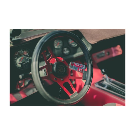 Fine ARt Print - Retro GT Steering Wheel Art Print: "Whoop Ass" Vintage Car Decor