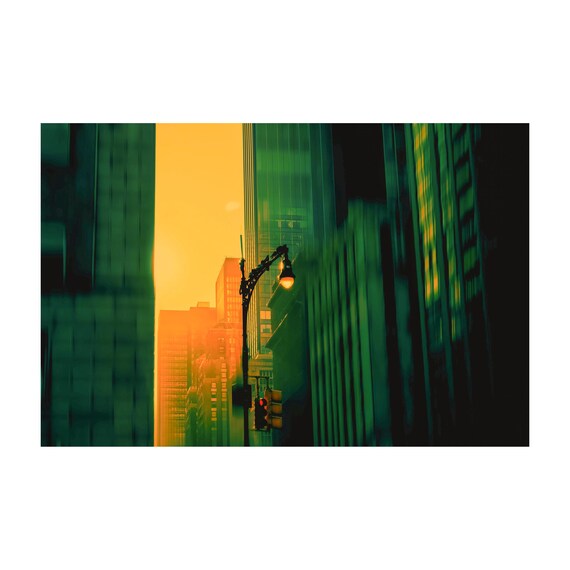 Green Urban Sunset NYC Print: Modern Cityscape Photography