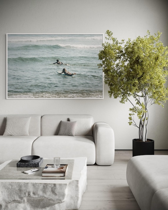 Fine Art Print - Neutral coastal surfers photo, minimalist ocean waves wall art for beach house decor, sea photography for modern homes